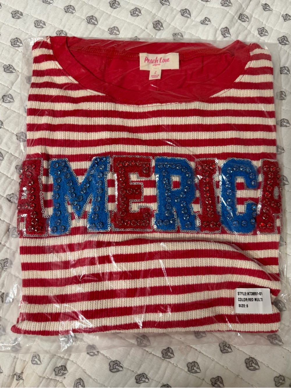 Peach Love California Red & White Striped Sequin 'AMERICA' Tee